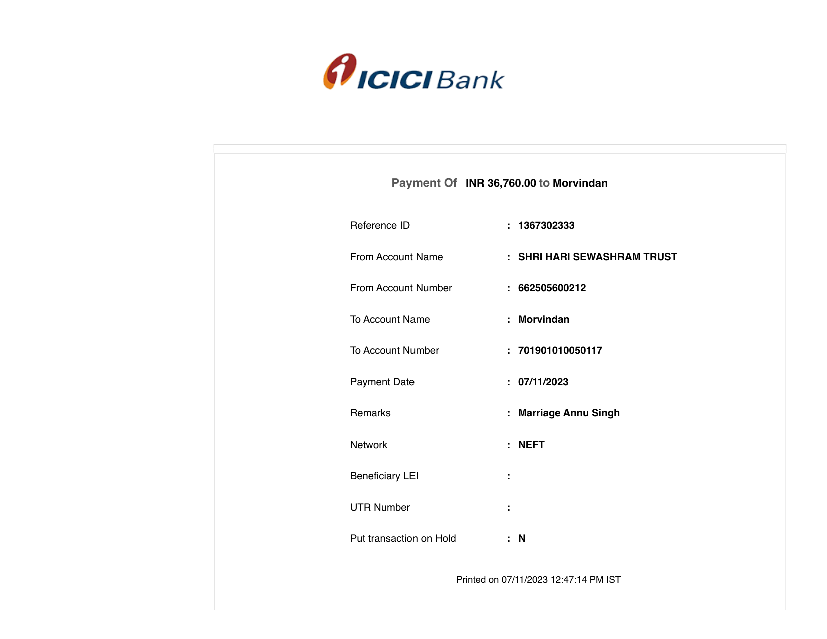 ICICI Bank receipt: 36,760 rupees toward Annu Singh's wedding, November 2023