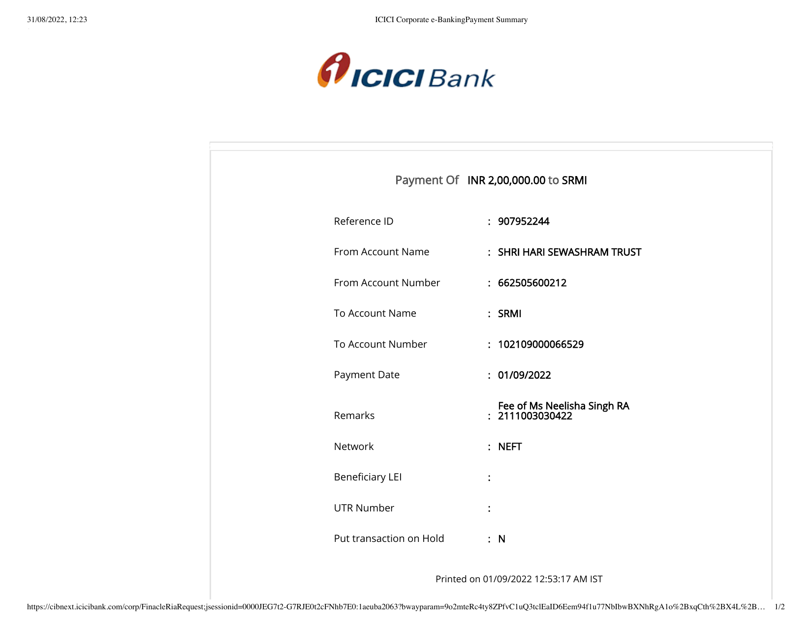ICICI Bank receipt: 2,00,000 rupees paid to SRM for Neelisha Singh, September 2022